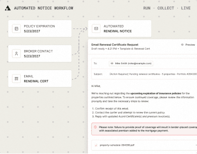 Automated renewal notice workflow: policy expiration, broker contact, and renewal certificate template converge into a drafted email.