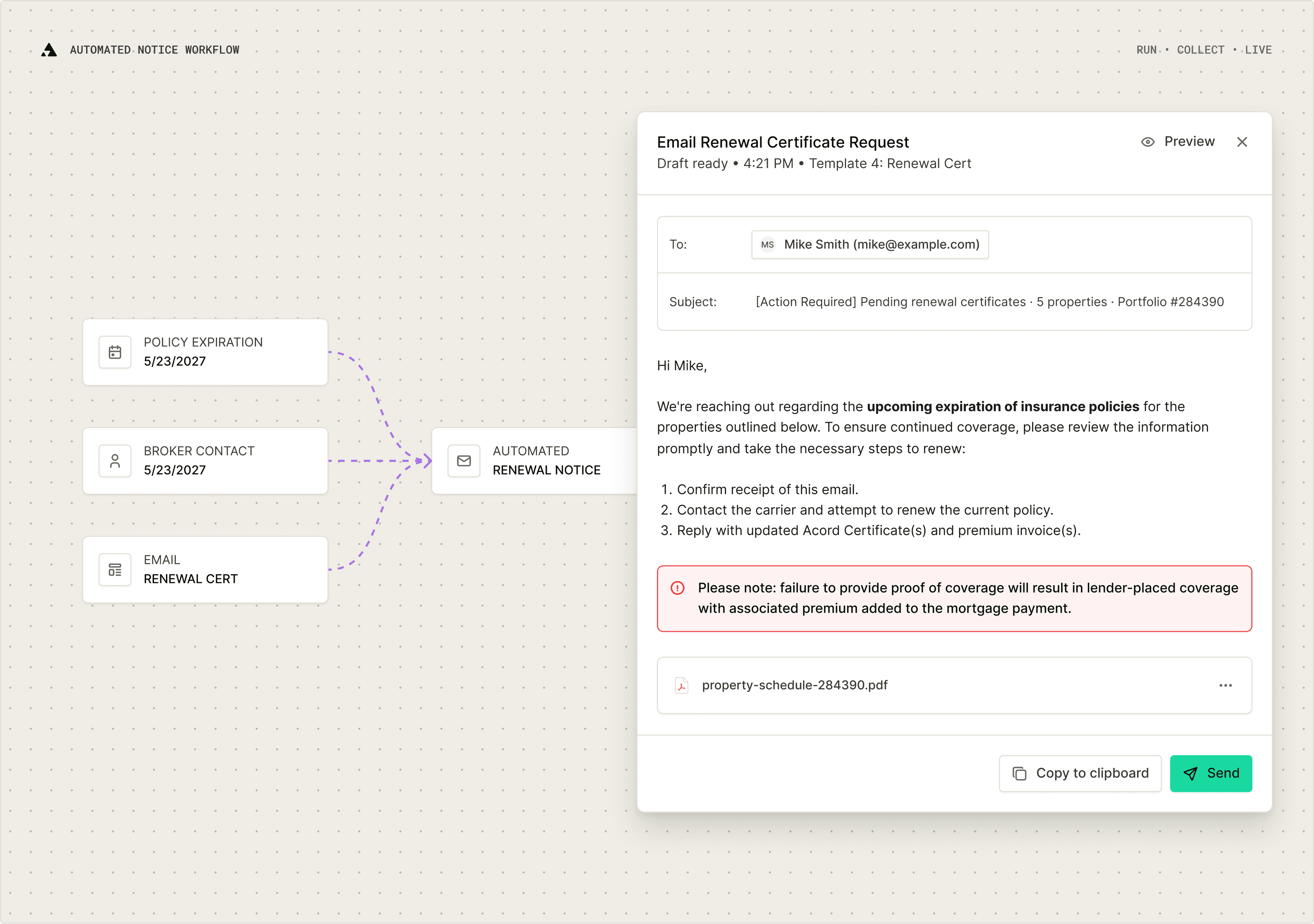 Automated renewal notice workflow: policy expiration, broker contact, and renewal certificate template converge into a drafted email.