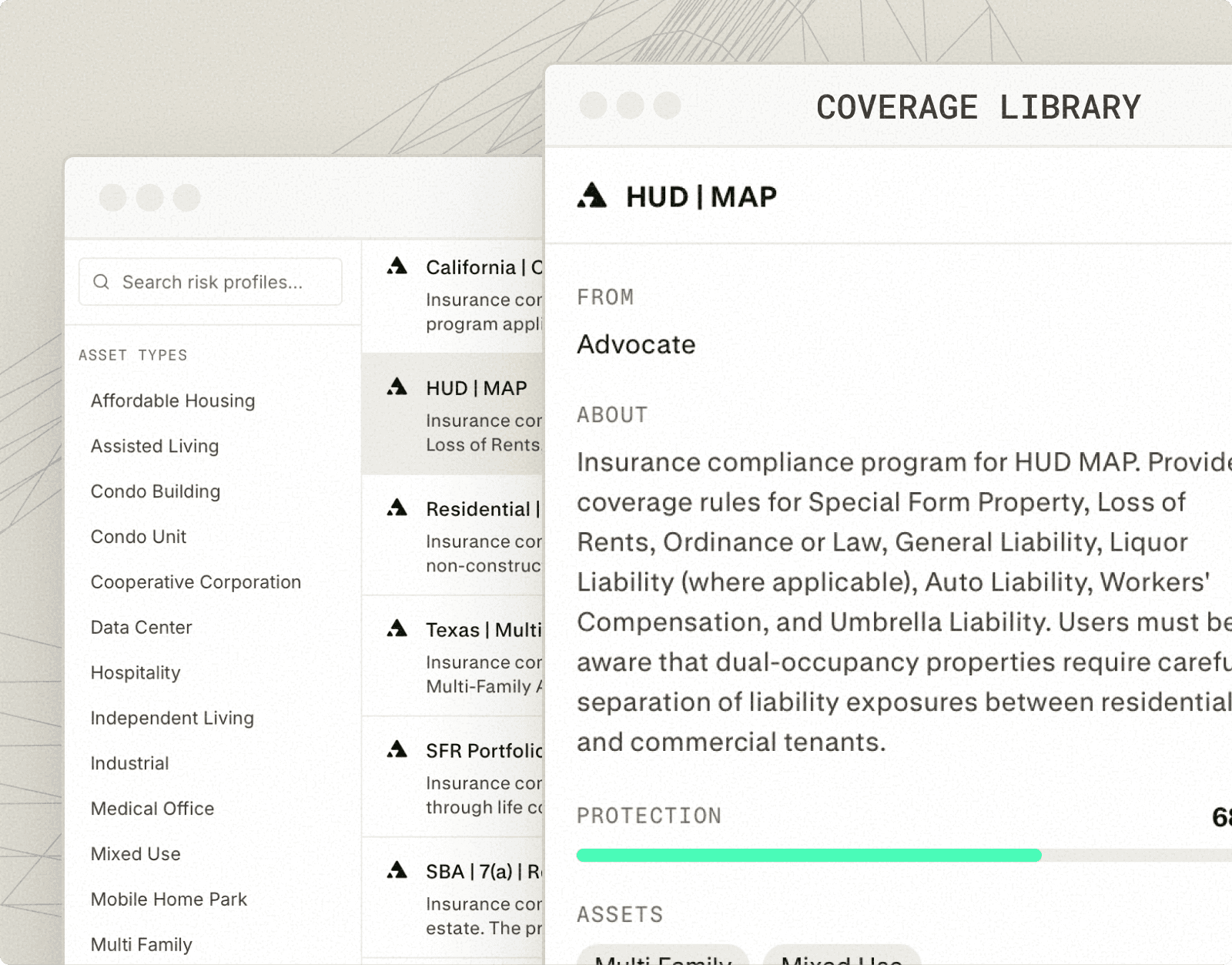 Browse risk profiles by industry in the Advocate coverage library