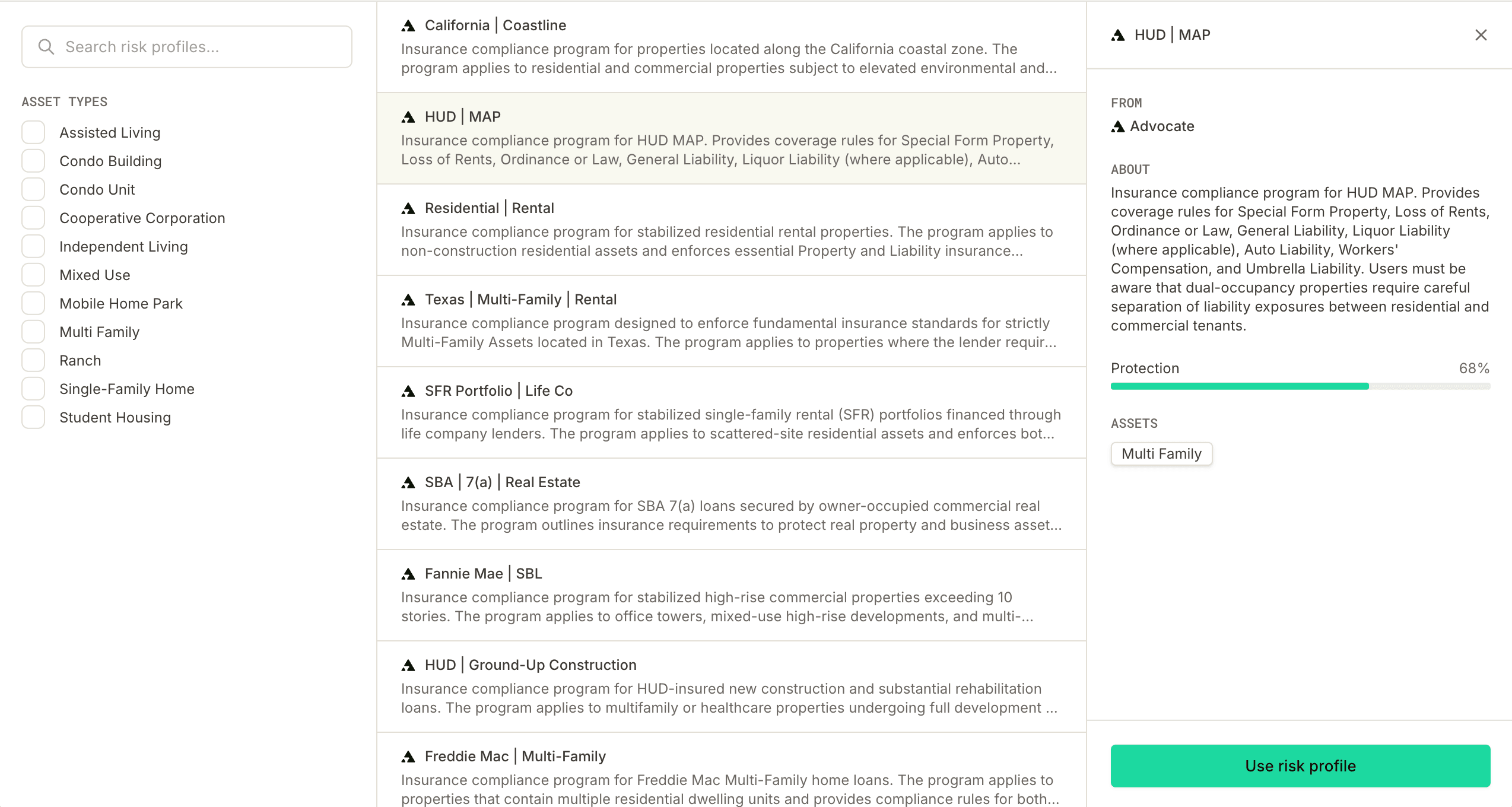 Browse risk profiles by industry in the Advocate coverage library