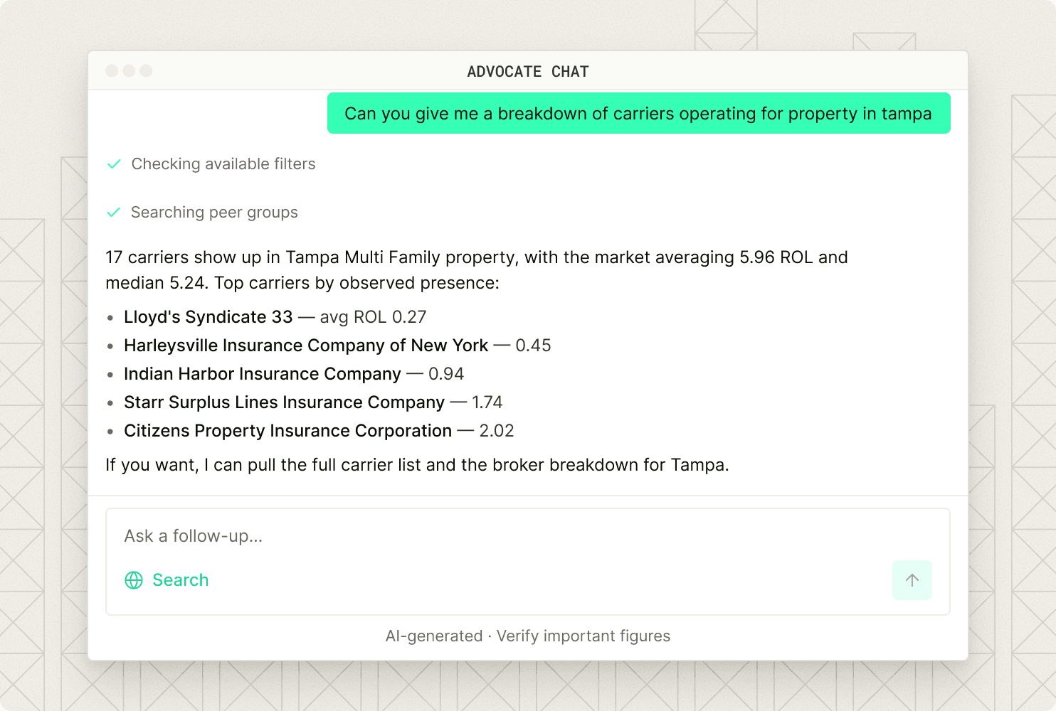 Advocate chat answering a carrier breakdown question with real portfolio figures